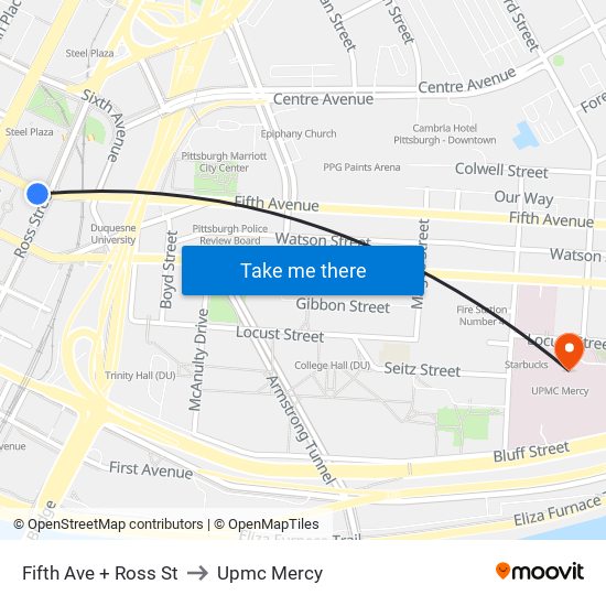 Fifth Ave + Ross St to Upmc Mercy map