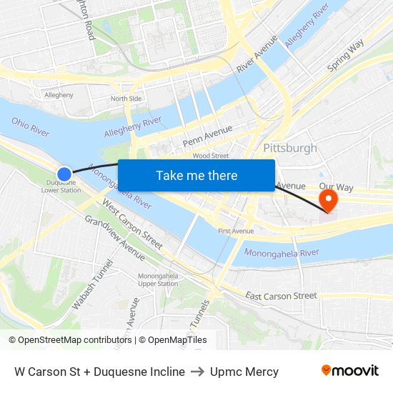 W Carson St + Duquesne Incline to Upmc Mercy map