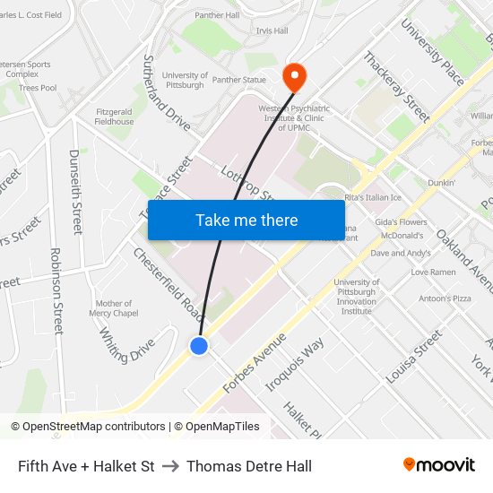 Fifth Ave + Halket St to Thomas Detre Hall map