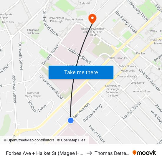 Forbes Ave + Halket St (Magee Hospital) to Thomas Detre Hall map