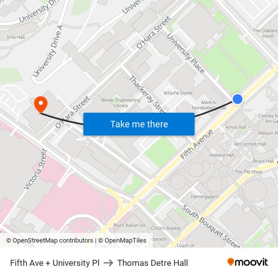 Fifth Ave + University Pl to Thomas Detre Hall map