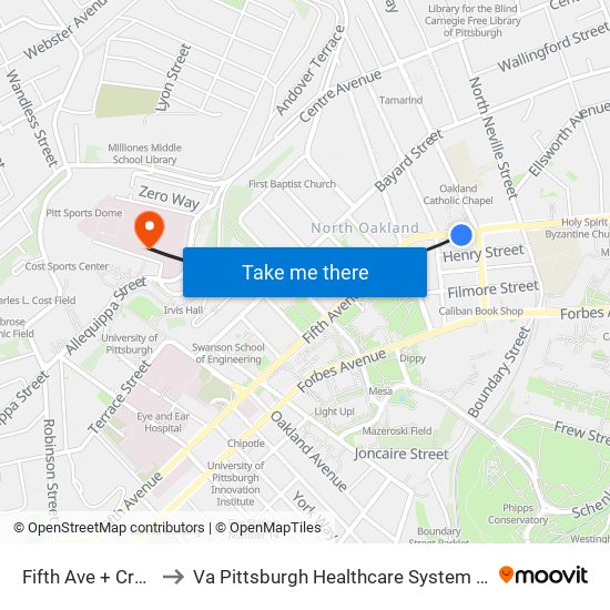 Fifth Ave + Craig St Ns to Va Pittsburgh Healthcare System - University Drive map