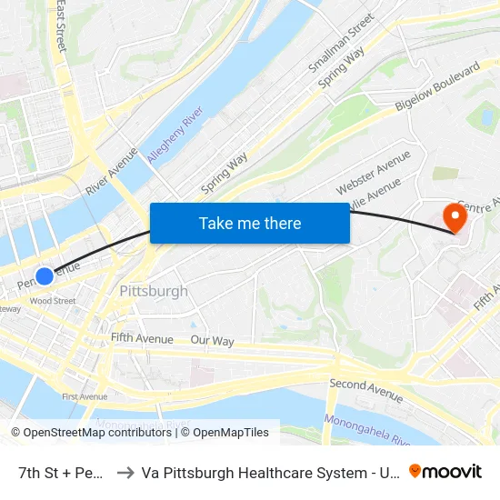 7th St + Penn Ave to Va Pittsburgh Healthcare System - University Drive map