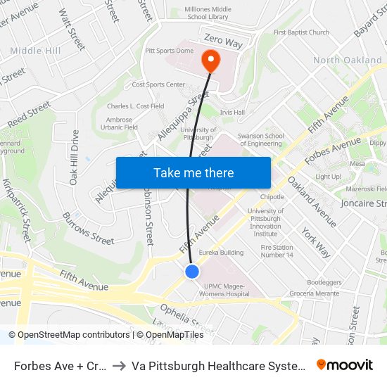 Forbes Ave + Craft Ave FS to Va Pittsburgh Healthcare System - University Drive map