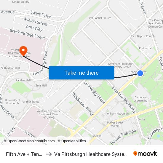 Fifth Ave + Tennyson Ave to Va Pittsburgh Healthcare System - University Drive map