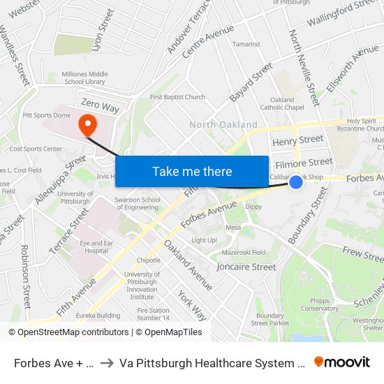 Forbes Ave + Craig St to Va Pittsburgh Healthcare System - University Drive map