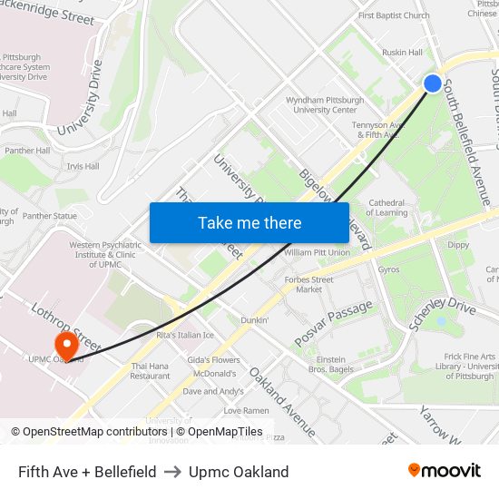 Fifth Ave + Bellefield to Upmc Oakland map