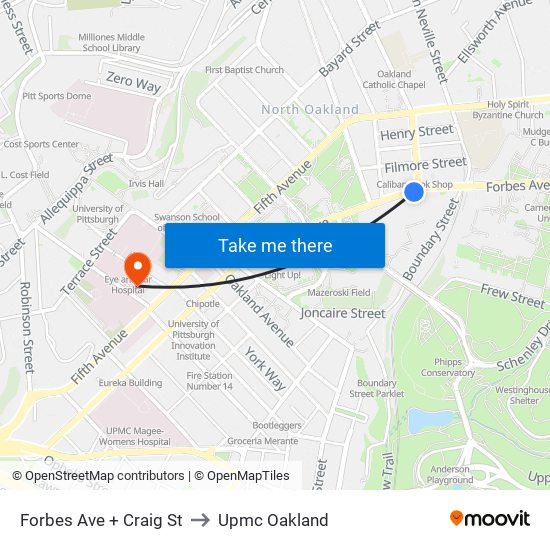 Forbes Ave + Craig St to Upmc Oakland map