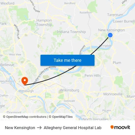 New Kensington to Allegheny General Hospital Lab map