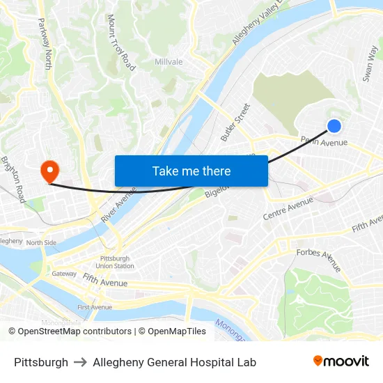 Pittsburgh to Allegheny General Hospital Lab map