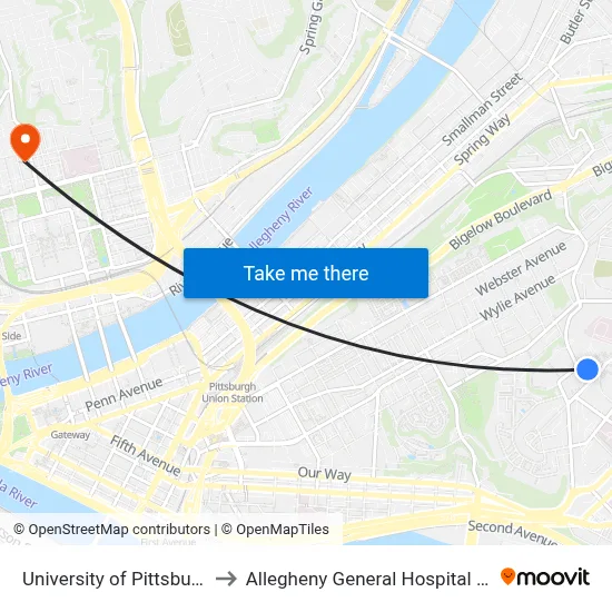 University of Pittsburgh to Allegheny General Hospital Lab map