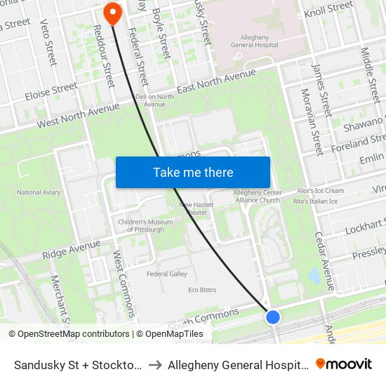 Sandusky St + Stockton Ave to Allegheny General Hospital Lab map