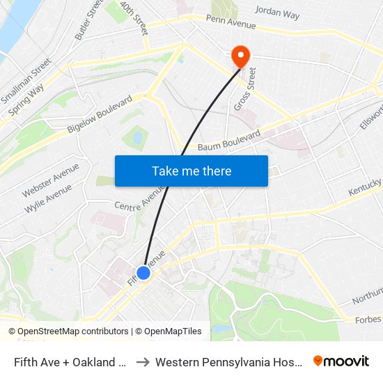 Fifth Ave + Oakland Ave to Western Pennsylvania Hospital map