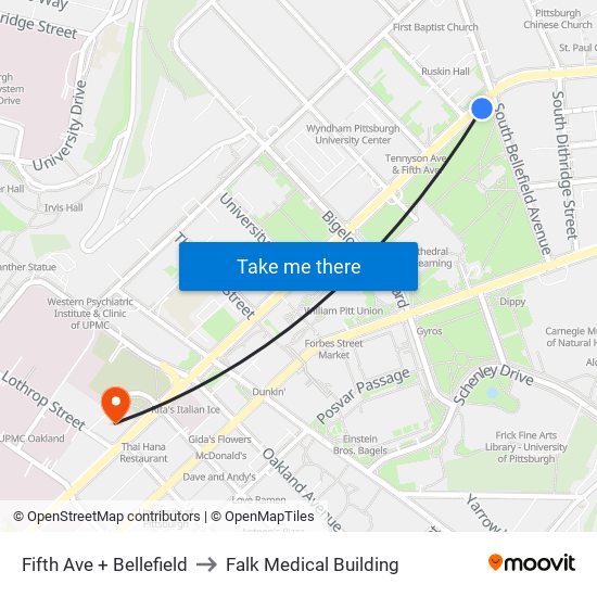 Fifth Ave + Bellefield to Falk Medical Building map