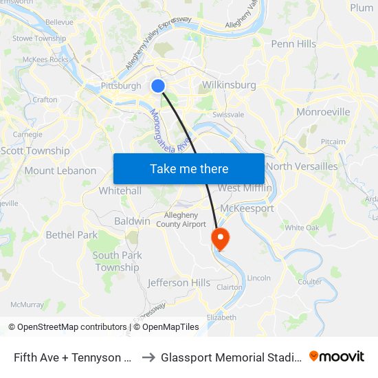 Fifth Ave + Tennyson Ave to Glassport Memorial Stadium map