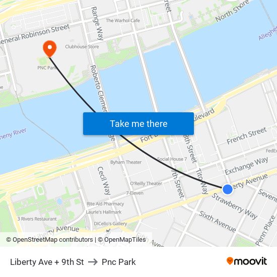 Liberty Ave + 9th St to Pnc Park map