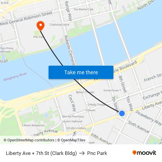 Liberty Ave + 7th St (Clark Bldg) to Pnc Park map