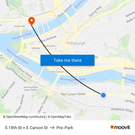 S 18th St + E Carson St to Pnc Park map