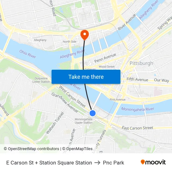 E Carson St + Station Square Station to Pnc Park map
