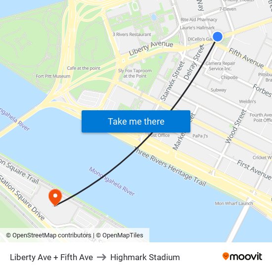 Liberty Ave + Fifth Ave to Highmark Stadium map