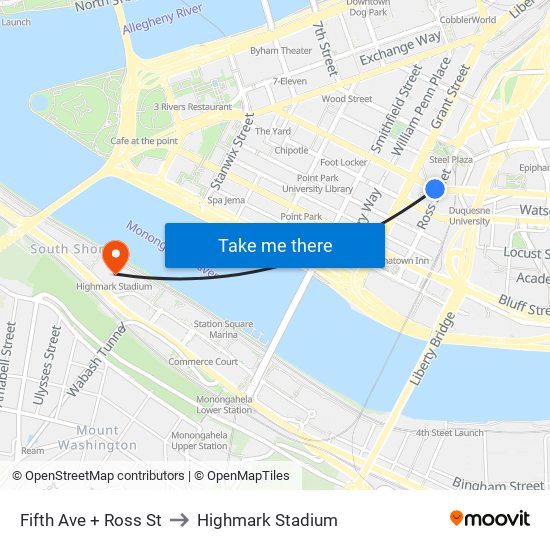 Fifth Ave + Ross St to Highmark Stadium map