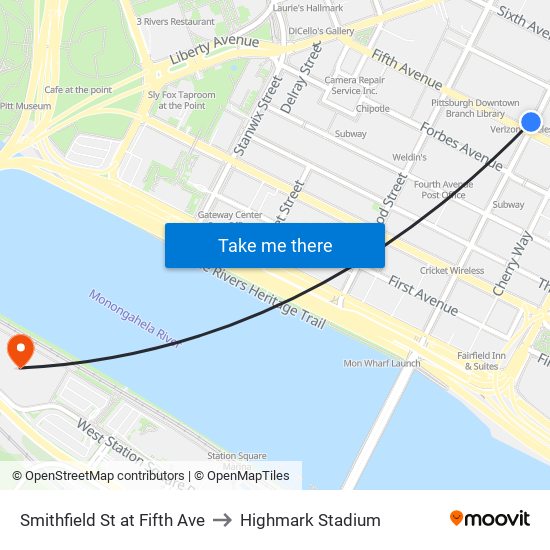 Smithfield St at Fifth Ave to Highmark Stadium map