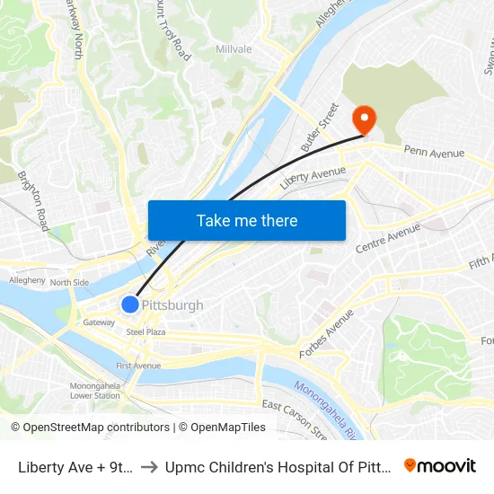 Liberty Ave + 9th St to Upmc Children's Hospital Of Pittsburgh map