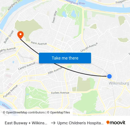 East Busway + Wilkinsburg Station B to Upmc Children's Hospital Of Pittsburgh map