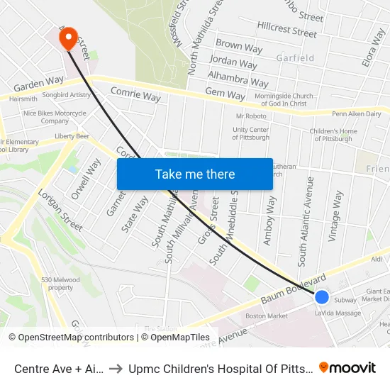 Centre Ave + Aiken to Upmc Children's Hospital Of Pittsburgh map