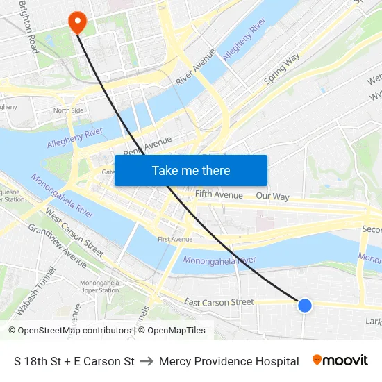 S 18th St + E Carson St to Mercy Providence Hospital map