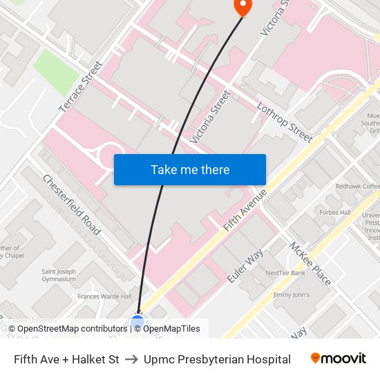 Fifth Ave + Halket St to Upmc Presbyterian Hospital map
