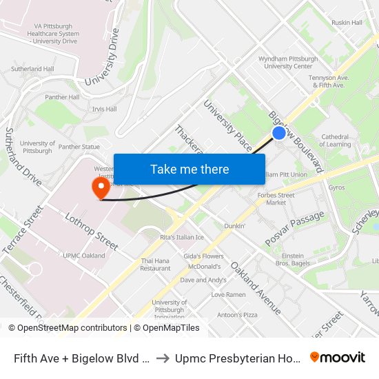 Fifth Ave + Bigelow Blvd (Pitt) to Upmc Presbyterian Hospital map