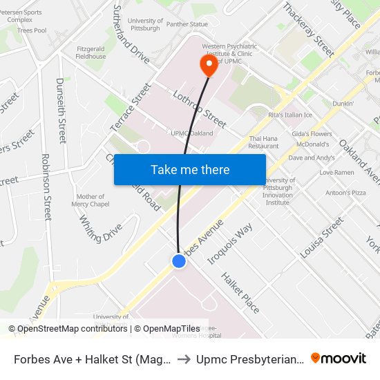 Forbes Ave + Halket St (Magee Hospital) to Upmc Presbyterian Hospital map