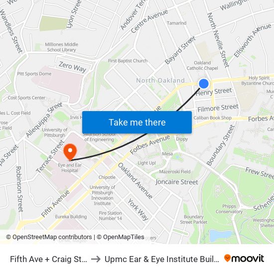 Fifth Ave + Craig St Ns to Upmc Ear & Eye Institute Building map