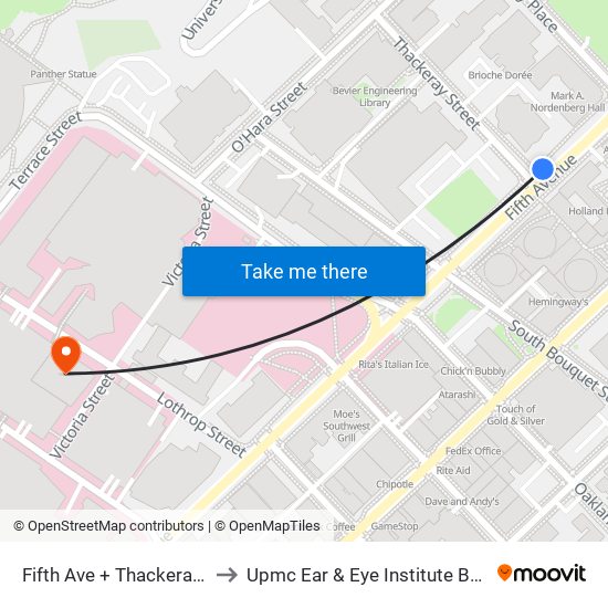 Fifth Ave + Thackeray Ave to Upmc Ear & Eye Institute Building map