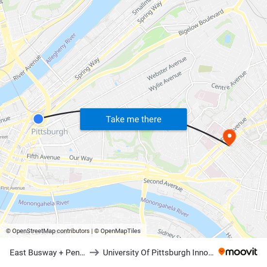 East Busway + Penn Station C to University Of Pittsburgh Innovation Institute map