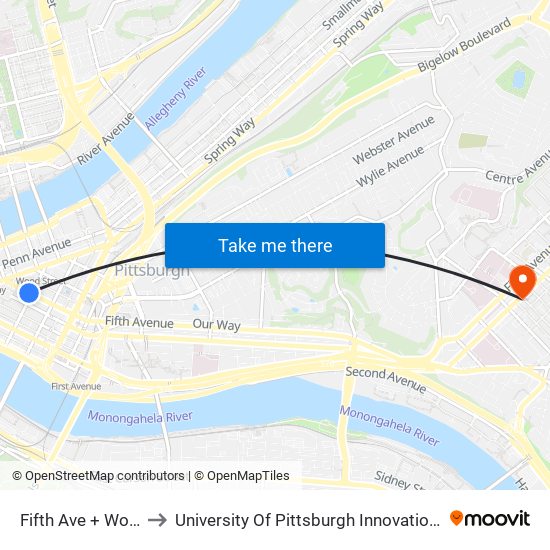 Fifth Ave + Wood St to University Of Pittsburgh Innovation Institute map
