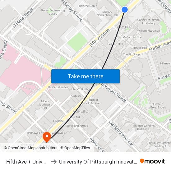 Fifth Ave + University Pl to University Of Pittsburgh Innovation Institute map