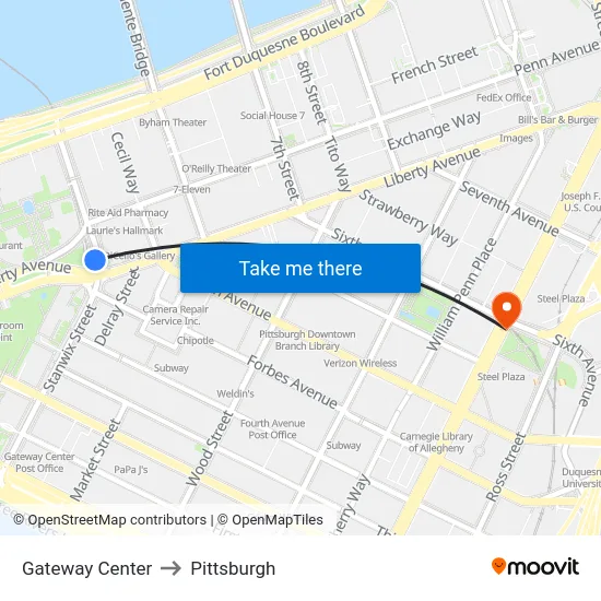 Gateway Center to Pittsburgh map