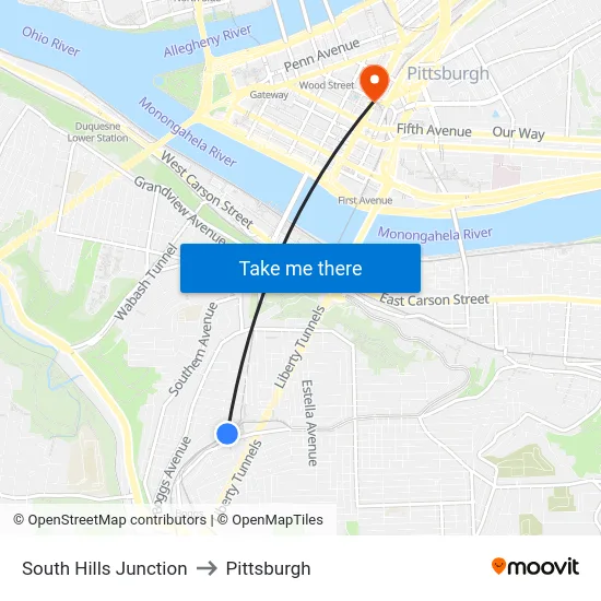 South Hills Junction to Pittsburgh map