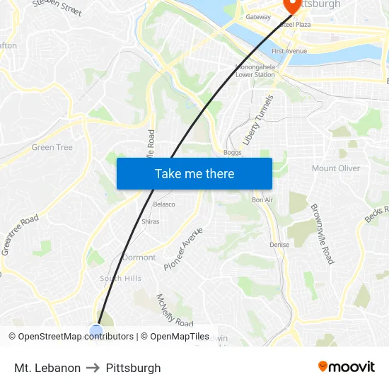 Mt. Lebanon to Pittsburgh map