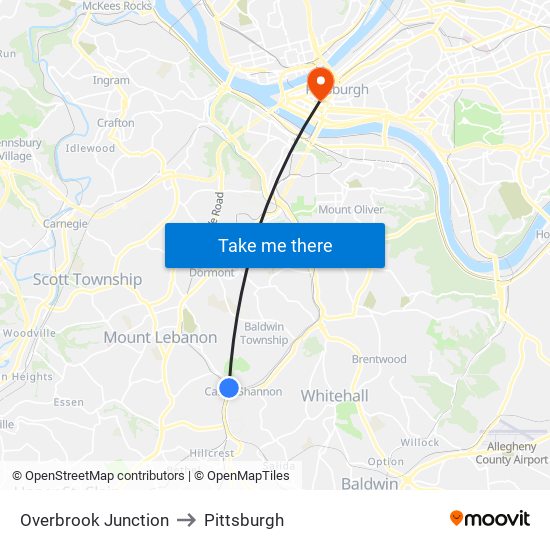 Overbrook Junction to Pittsburgh map