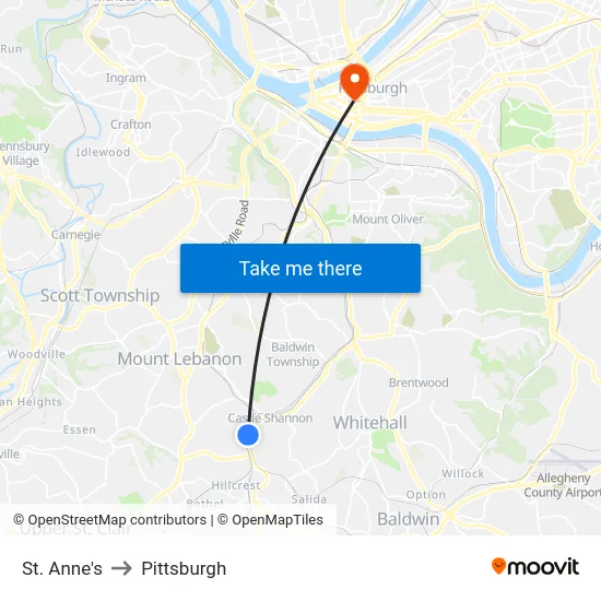 St. Anne's to Pittsburgh map