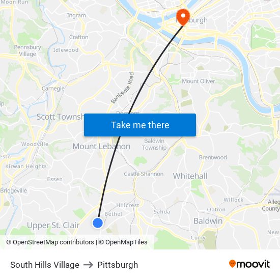 South Hills Village to Pittsburgh map