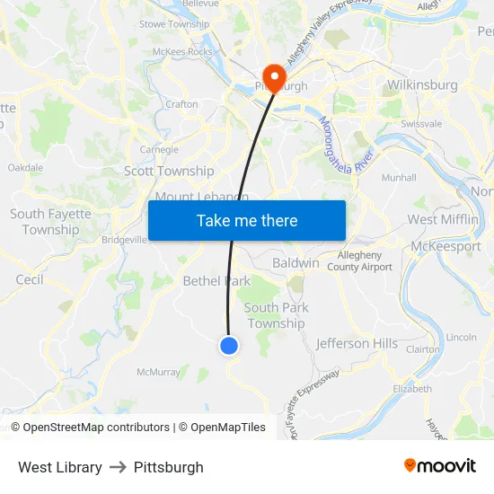 West Library to Pittsburgh map
