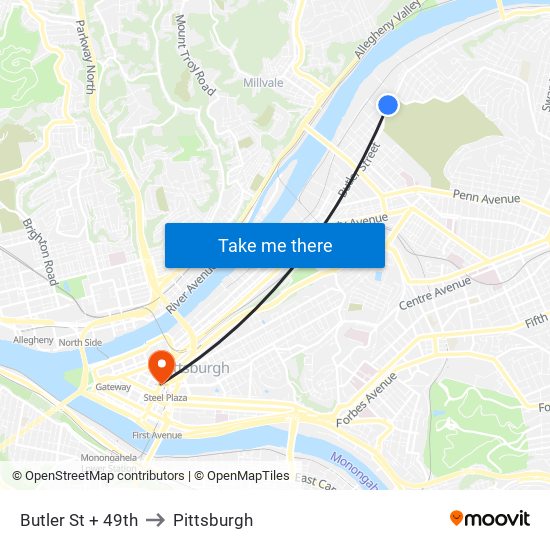 Butler St + 49th to Pittsburgh map