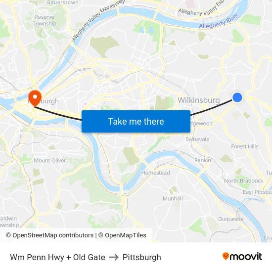 Wm Penn Hwy + Old Gate to Pittsburgh map