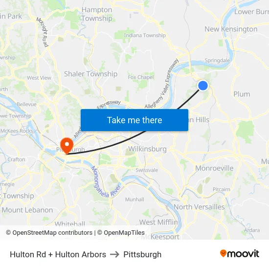 Hulton Rd + Hulton Arbors to Pittsburgh map