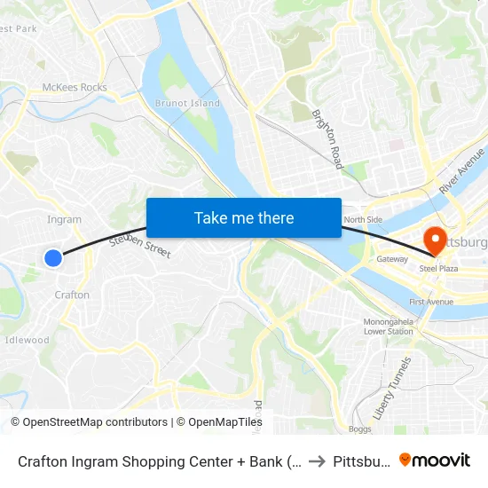 Crafton Ingram Shopping Center + Bank (Citizens) to Pittsburgh map