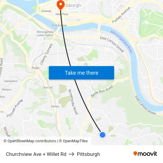 Churchview Ave + Willet Rd to Pittsburgh map